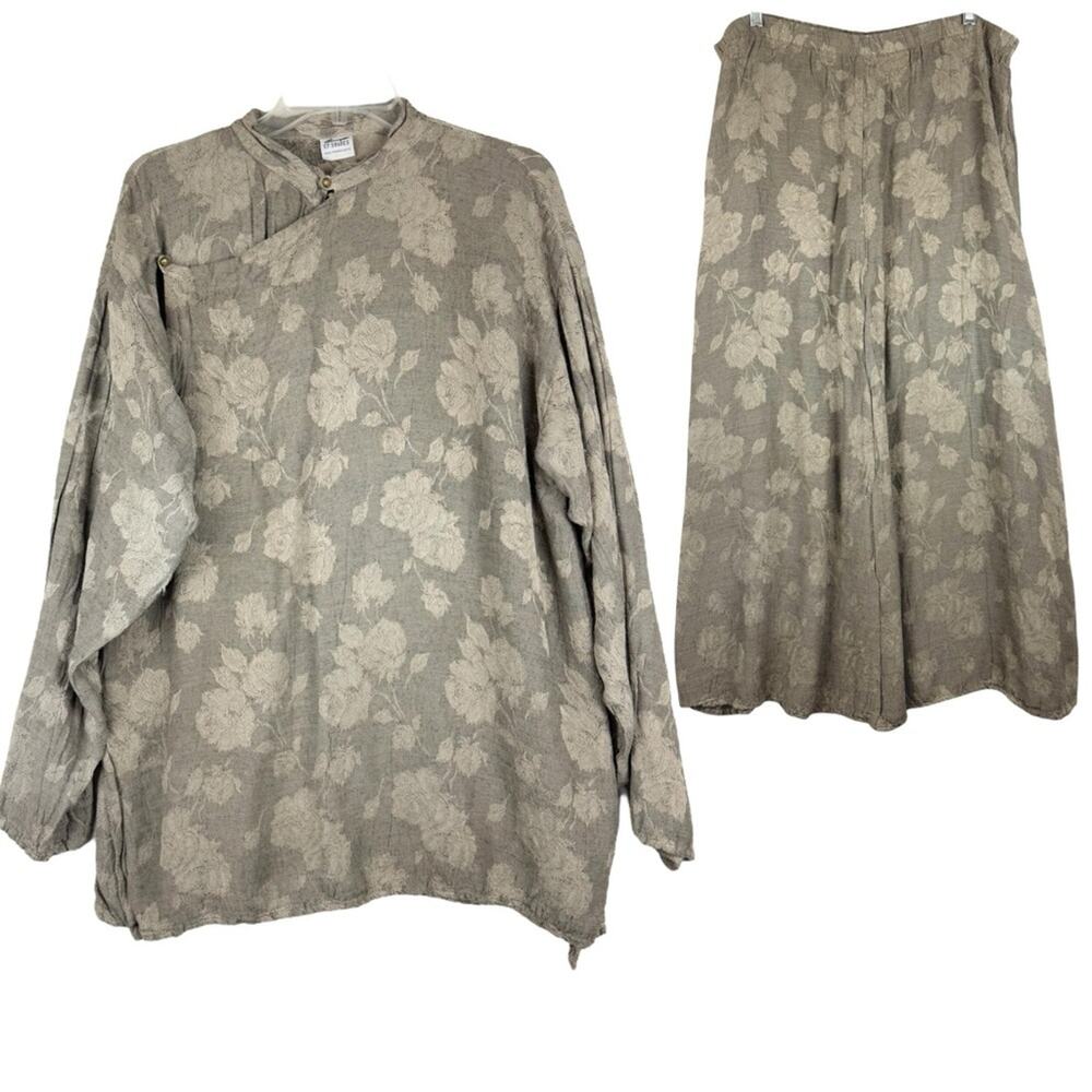 Vintage CP Shades SET Jaquard Floral Flax Blend Top and Skirt Tan Sz M Lagenlook